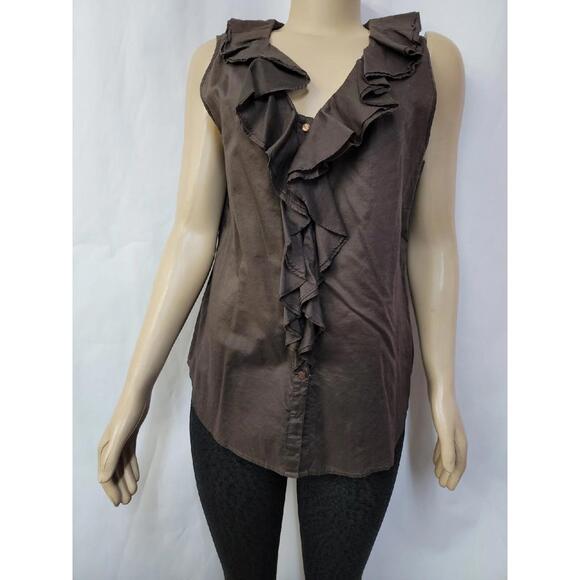 Oscar De La Renta, Size 14 Brown Buttons Up Ruffled Women's Top Blouse #R1 - Picture 3 of 10